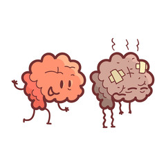 Brain Human Internal Organ Healthy Vs Unhealthy, Medical Anatomic Funny Cartoon Character Pair In Comparison Happy Against Sick And Damaged