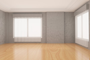 empty room in concrete wall and wood parquet floor in 3D rendering