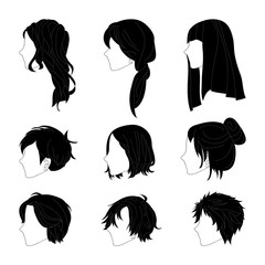 Collection Hairstyle Side View for Man and Woman Hair Drawing Set. Vector illustration isolated on White Background