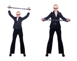 Businesswoman with chain isolated on the white