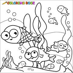Fish swimming underwater. Vector black and white coloring page.