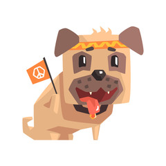 Hippy Little Pet Pug Dog Puppy With Collar Holding Flag With Peace Symbol Emoji Cartoon Illustration