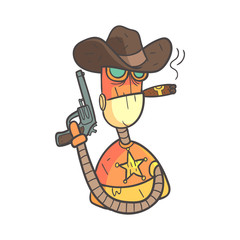 Wild West Sheriff Orange Robot In Cowboy Hat With Gun And Cigar Cartoon Outlined Illustration With Cute Android And His Emotions