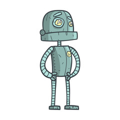 Obraz na płótnie Canvas Serious And Calm Blue Robot Cartoon Outlined Illustration With Cute Android And His Emotions