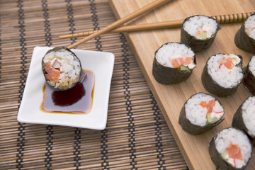 rolls, chopsticks and soy sauce
