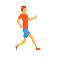 Man Slowly Running Warming Up, Male Sportsman Running The Track In Red Top And Blue Short In Racing Competition Illustration