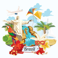 Vector travel poster of Brazil with colorful modern design, brazilian landscape and monuments. Rio de Janeiro advertising card with statue of Jesus. Carnival of Samba. Brazilian football symbols - 136012564