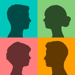Four silhouettes of heads on colored background
