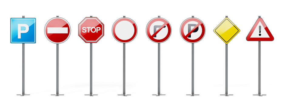 Traffic Signs Isolated On White Background. 3D Illustration