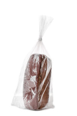 Loaf of bread in plastic bag on white background