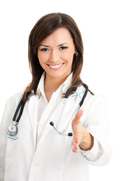 smiling doctor giving hand for handshaking, isolated