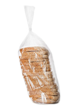 Sliced Bread In Plastic Bag On White Background