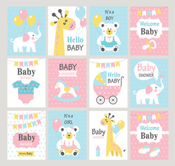 Set of baby shower cards. Vector illustrations. - obrazy, fototapety, plakaty