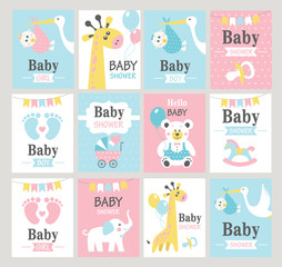 Fototapeta na wymiar Set of baby shower cards. Vector illustrations.