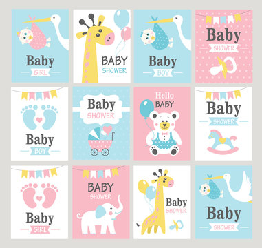 Set of baby shower cards. Vector illustrations.