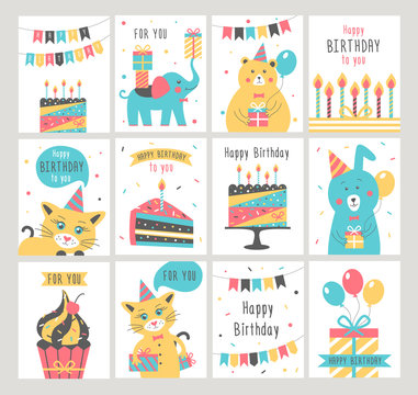 Happy Birthday card set. Vector illustration.