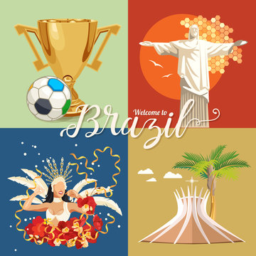 Vector travel poster of Brazil with colorful modern design, brazilian landscape and monuments. Rio de Janeiro advertising card with statue of Jesus. Carnival of Samba. Brazilian football symbols