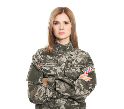 Pretty Female Soldier On White Background