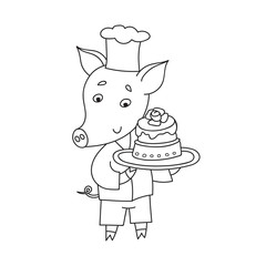 Vector cheerful pig with sweet cake. Cartoon happy confectioner.