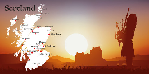 Obraz premium Szkocja - Turystyka - Mapa - Zachód słońca