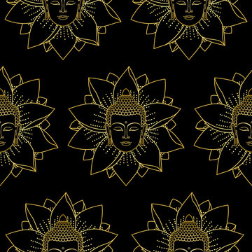 Gold Buddha and Lotus Seamless Pattern