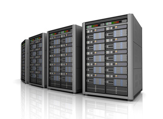 Row of network servers in data center isolated on white background . 3D illustration