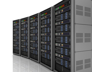 Row of network servers in data center isolated on white background . 3D illustration