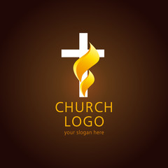 Naklejka premium Shining fiery cross. Religious vector christian church logo. Crucifix lighting icon gold colored.