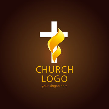 Shining fiery cross. Religious vector christian church logo. Crucifix lighting icon gold colored.