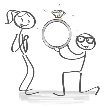Heiratsantrag - Strichmännchen kniet vor Partnerin mit Ring