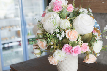 Beautiful bouquet of flowers in a coffee shop.