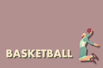 Comic basketball player with ball in flat. Cartoon picture