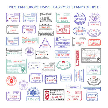 Vector Western Europe Colour Travel Visa Stamps Set