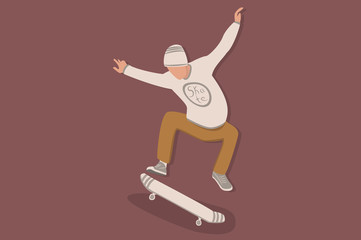 Cool vector hipster man character on skateboard. Cartoon