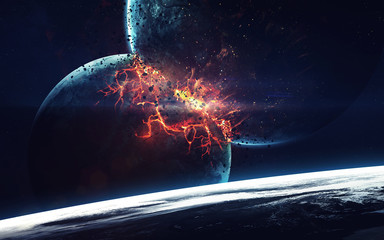 Planet Explosion. Apocalypse. End of The Time. Science fiction art. Beauty of deep space. Elements...