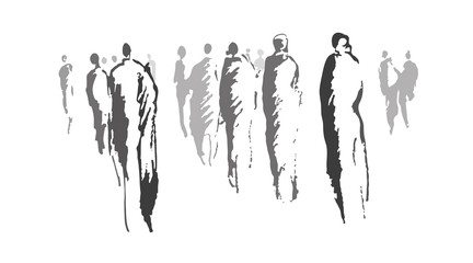 High Fashion, Show, Walk, Skizze, Mode, Models in grau und schwarz, Menschengruppe, Silhouette, Zuschauer in die Ferne blickend, zielsuchend und orientierend