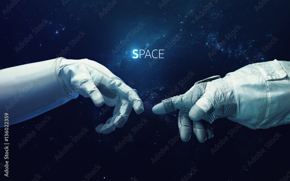 Wall mural michelangelo god's touch. close up of human hands touching with fingers in space. elements of this i