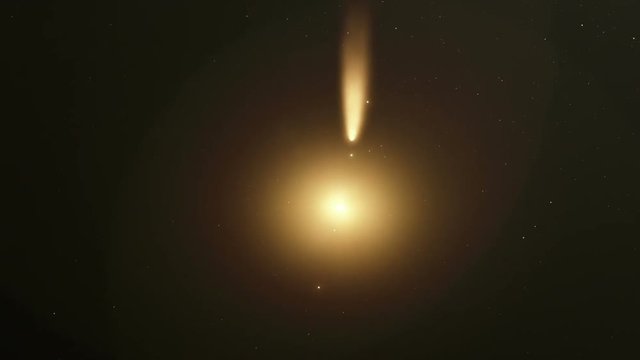 A CG space animation showing a comet passing in front of a main star
