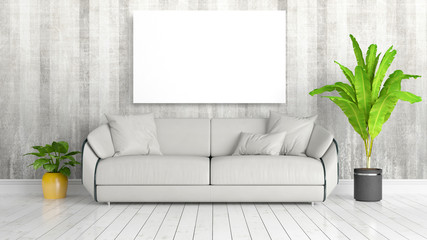 Modern bright interior with empty frame . 3D rendering