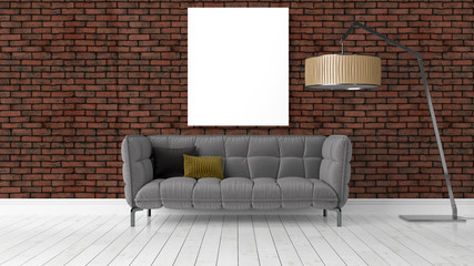 Modern bright interior with empty frame . 3D rendering