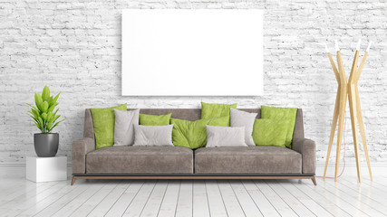 Modern bright interior with empty frame . 3D rendering