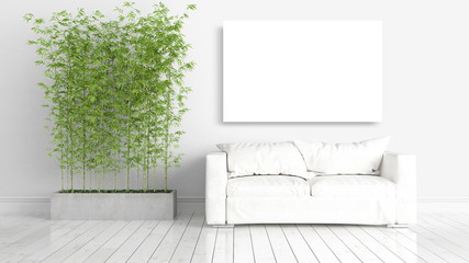 Modern bright interior with empty frame . 3D rendering