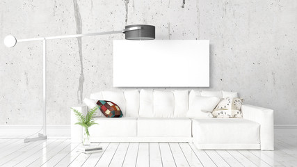 Modern bright interior with empty frame . 3D rendering