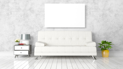 Modern bright interior with empty frame . 3D rendering