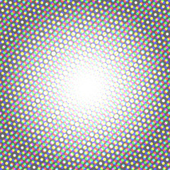 Halftone pattern background with radial effect, round spot shapes, vintage or retro graphic with place for your text. Halftone digital effect. Vector set of halftone dots with RGB color