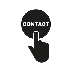 Hand pressing a button with the text CONTACT icon. Support, assistance, maintenance symbol. Flat design. Stock - Vector illustration