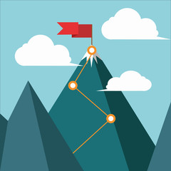 Vector illustration of a red flag on the top of the mountain.