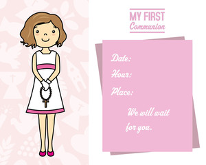 my first communion card. Girl with rosary. Space for text