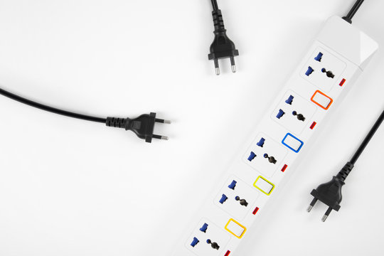 Top view of empty electrical power strip or extension block with copy space on white background