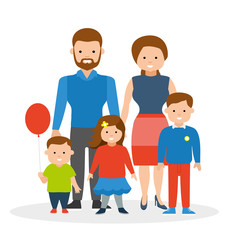 Friendly fun family. Mom, dad, two sons and a daughter. European cute family. Cartoon vector flat-style illustration